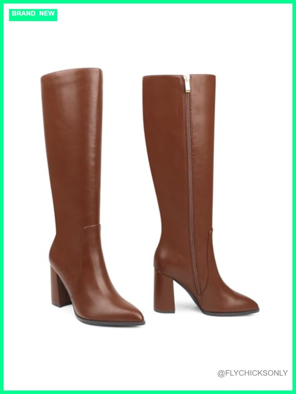 Zzheels Women's Knee High Boots Square Toe Chunky Heel PU Leather Side Zip